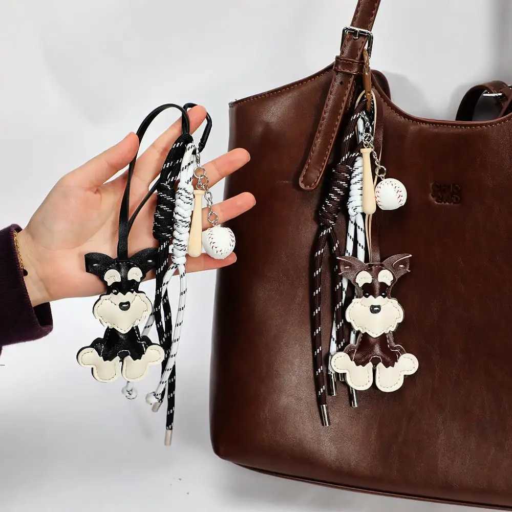 Lovely PU Leather Schnauzer Keychain Cute Puppy Animal Hanger Dog Fashion Bag Pendant Creative Woven Rope Keyring Bag Charms New Z251023