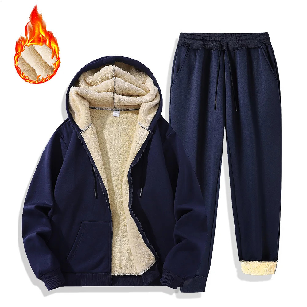 Mens Set Winter Tracksuits Plush Thickened Warm Hooded Jackets Coat Sports Pants Twopiece Casual Outdoor Sportswear 251023