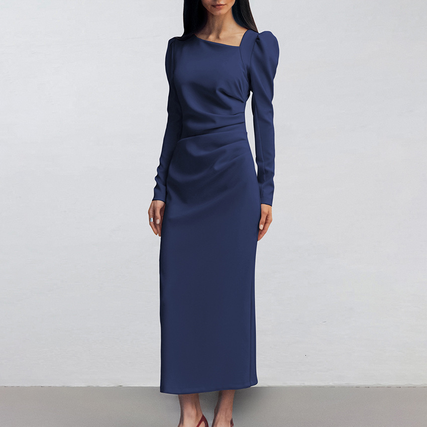 Designer's autumn new casual elegant irregular collar fluffy sleeves slim fit split dress khaki long skirt