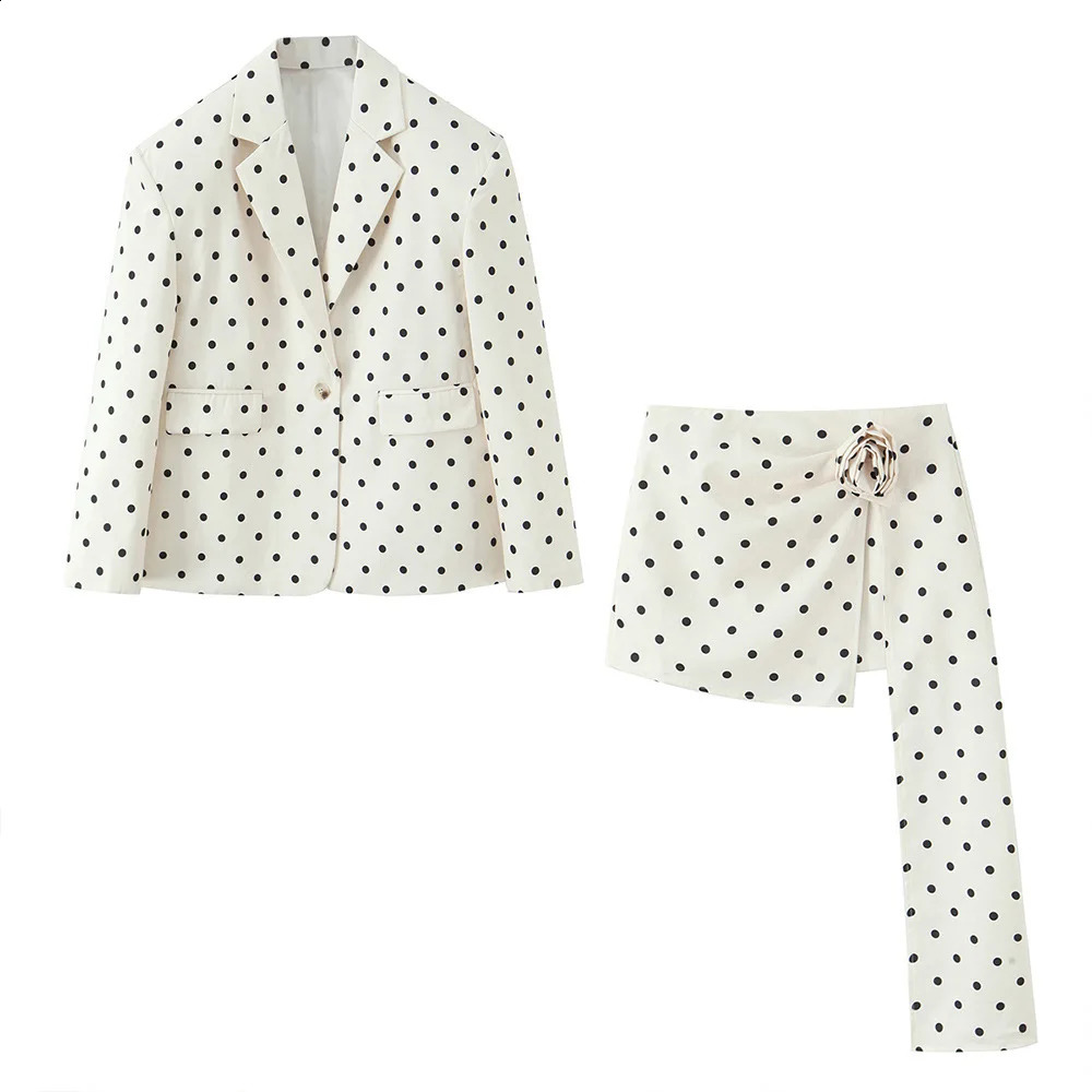 Womans Polka Dot Print Suit Singlebreasted Lapel Slim Jacket Slimfit Irregular Ribbon High Waist Slit Zip Mini Skirt Set 251022
