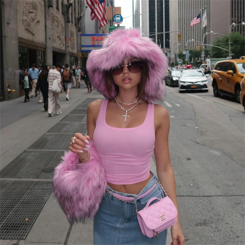 Fluffy Faux Fur Bucket Hats Y2k Women Raccoon Fur Hat Warm Thick Plush Winter Hat Lady Fashion Panama Furry Fisherman Cap 251022