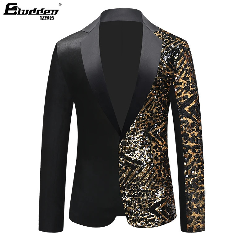 Single Breasted Leopard Sequins Stage Suit Jacket Men Party Hip Hop Fashion Drama costume Blazer Mens Floral 251023