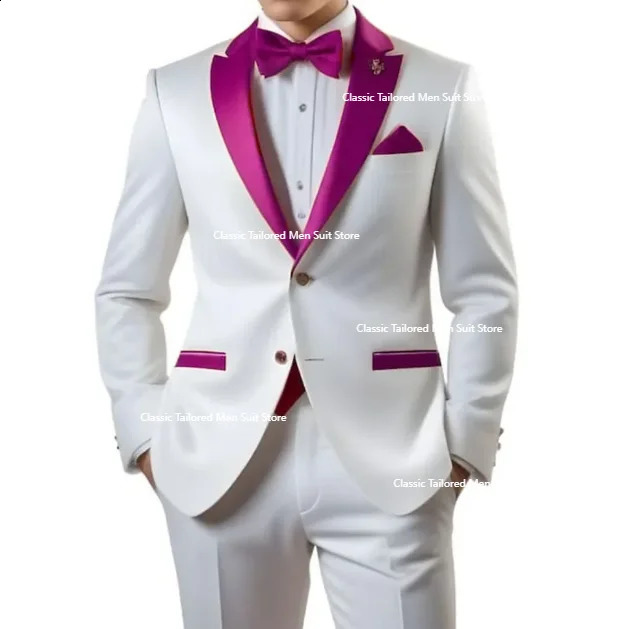 Customized White Men Suits Single Breasted Red Notch Lapel Slim Fit Male Clothing High Quality Wedding 2 Piece Jacket Pants 251023