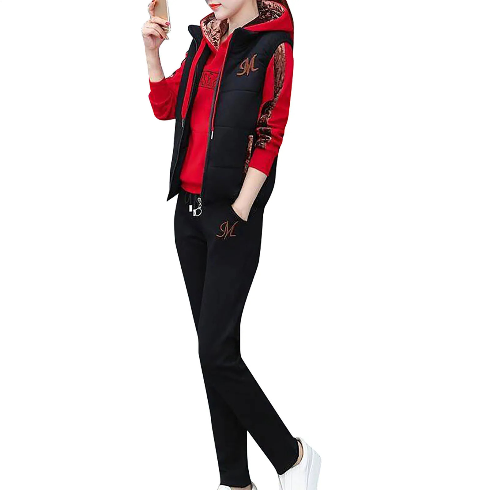 3PcsSet Simple Women Tracksuit Thickened Elastic Waist Letter Print Hoodie Jogging Pants Zipper Vest Suit Coldproof 251022