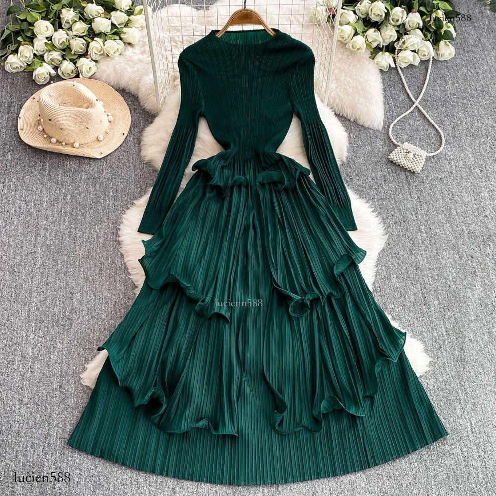 Casual Dresses Elegant Oversized Long Sleeve Pleated Draped Women O-Neck Ruffles High Sretch Party Robe Vestidos Ladies Spring Summer Clothing 2025
