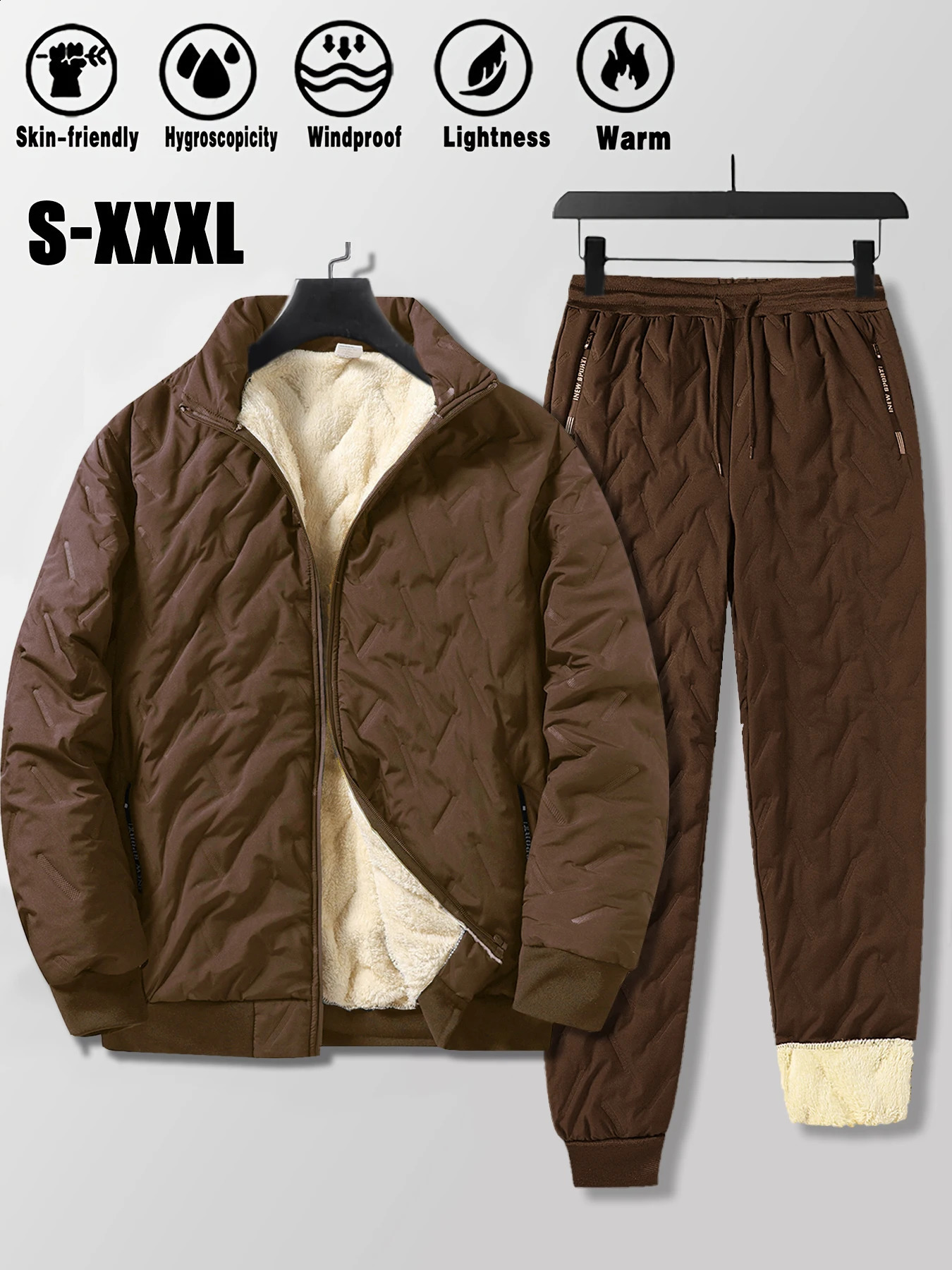 Mens Lamb Fleece Cotton Jacket and Pants 2piece Set Autumn Winter Thick Warm Sports Suit Casual Solid Color Coat 251023