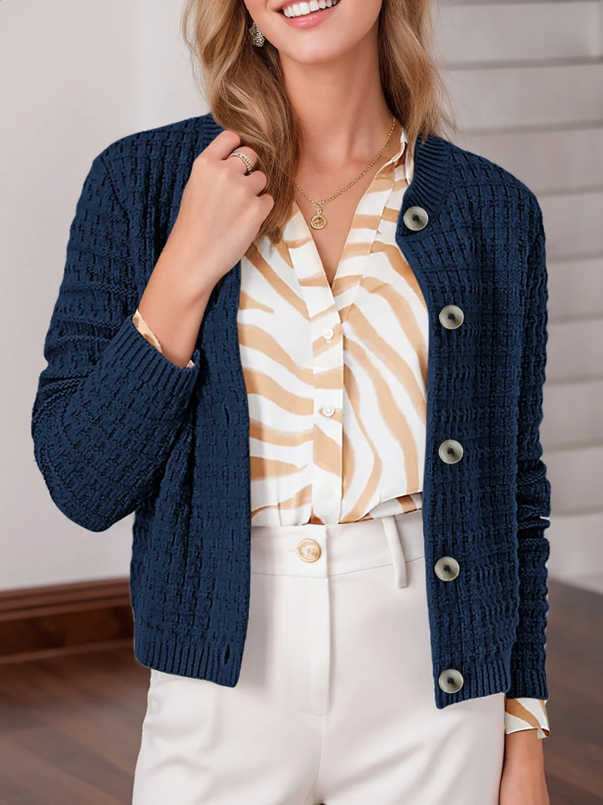 Womens Temperament Round Neck Knitted Top Retro Casual SingleBreasted LongSleeved Cardigan Sweater Jacket 251023