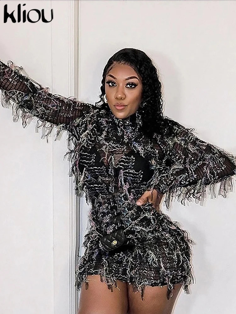 kliou Ruched Patchwork Mini Dress Women Striped Stacked Autumn Full Sleeve Crew Neck Holes Chic Bodycon Female Trend Streetwear 251023