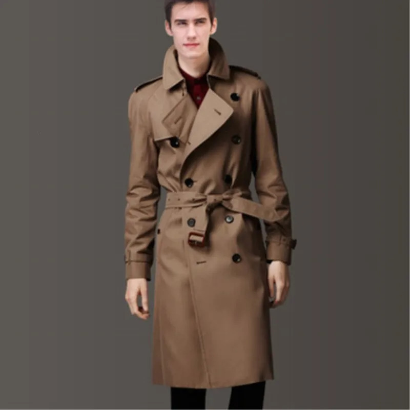 Mens MediumLong Khaki Trench Coat Single Breasted Slim Fit Monochrome 3XL Spring Autumn Wear 251014
