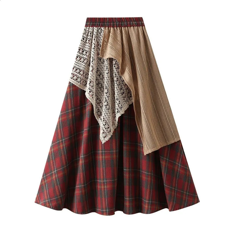 DongCMY Style y Leisure Autumn Irregular Plaid Lace Splicing HighWaisted Wine Red Skirt 251022