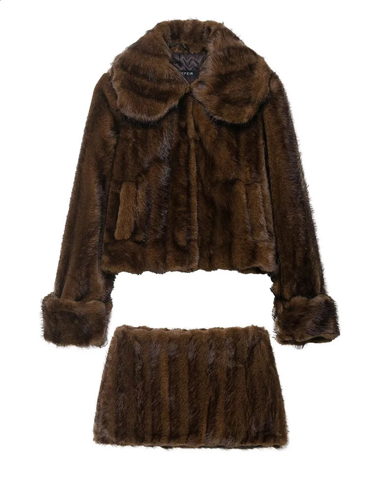 Women Fur Sets Autumn Winter Fashion Zipper Jacket Short Skirts TwoPiece Set Elegant Hight Street Suit 251022