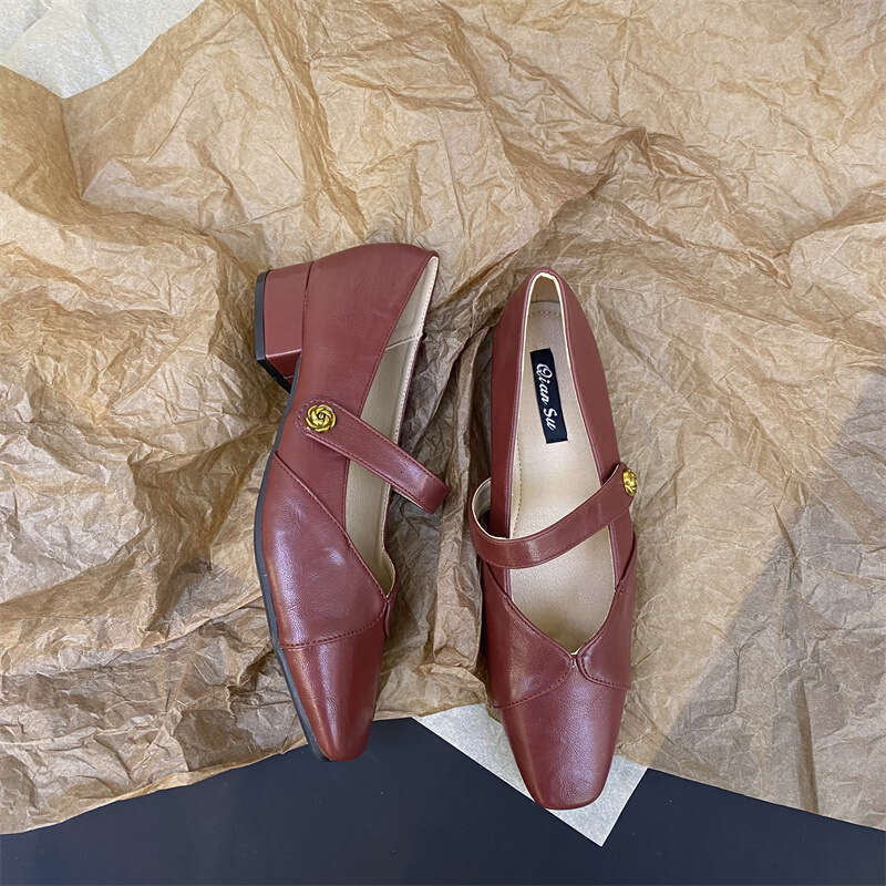 Designer Shoe 2025 Spring and Autumn Solid Color Gentle Slip-On with Chunky Heels French Mary Jane Shoes Women's to Match Dresses Versatile Comfo