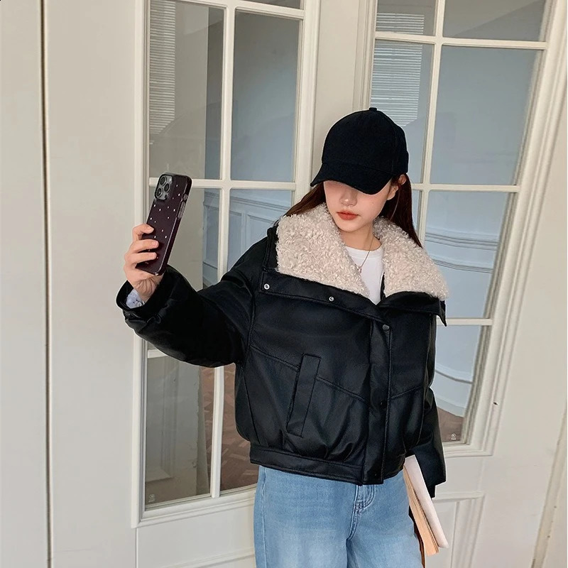 Autumn Winter in Collar Warm Womens Short Top Casual Loose Zipper Thick Commuting Style Leather Jackets for Women 251018