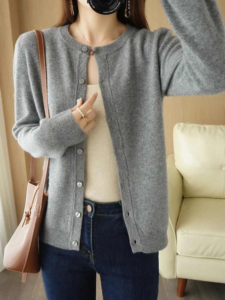 Classy Autumn Winter Women 100 Merino Wool Sweater Elegant ONeck Woman Cashmere Cardigan Knitted Basic Top Clothes 251022