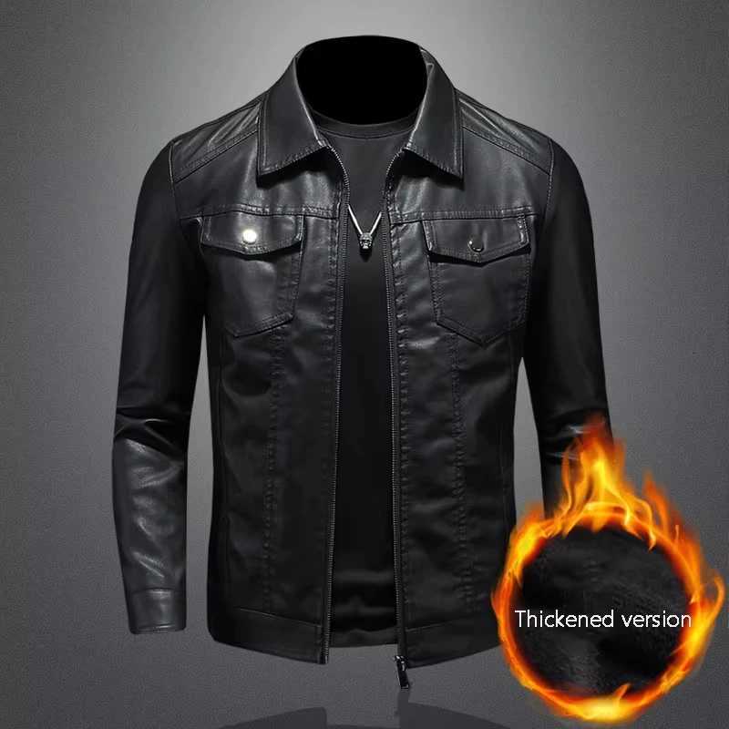 Mens lapel leather jacket autumn oversized slim motorcycle riding suit winter thickened PU leather waterproof work clothes W251023
