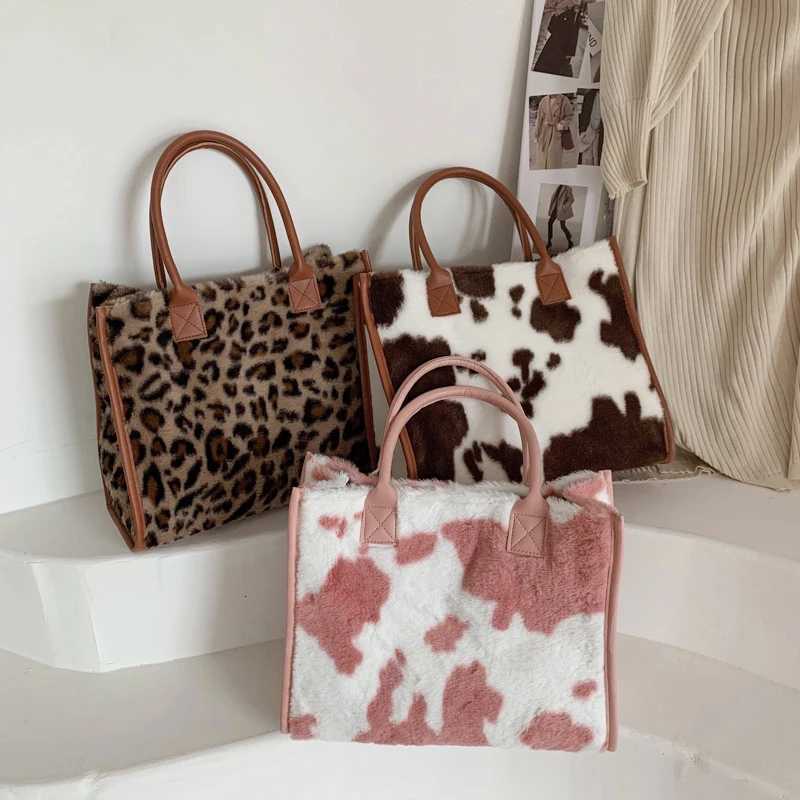 Winter Faux Fur Leopard Print Designer Shopper Totes Fashion Soft Plush Women Shoulder Bags Large Capacity Handbags and PurseL251023