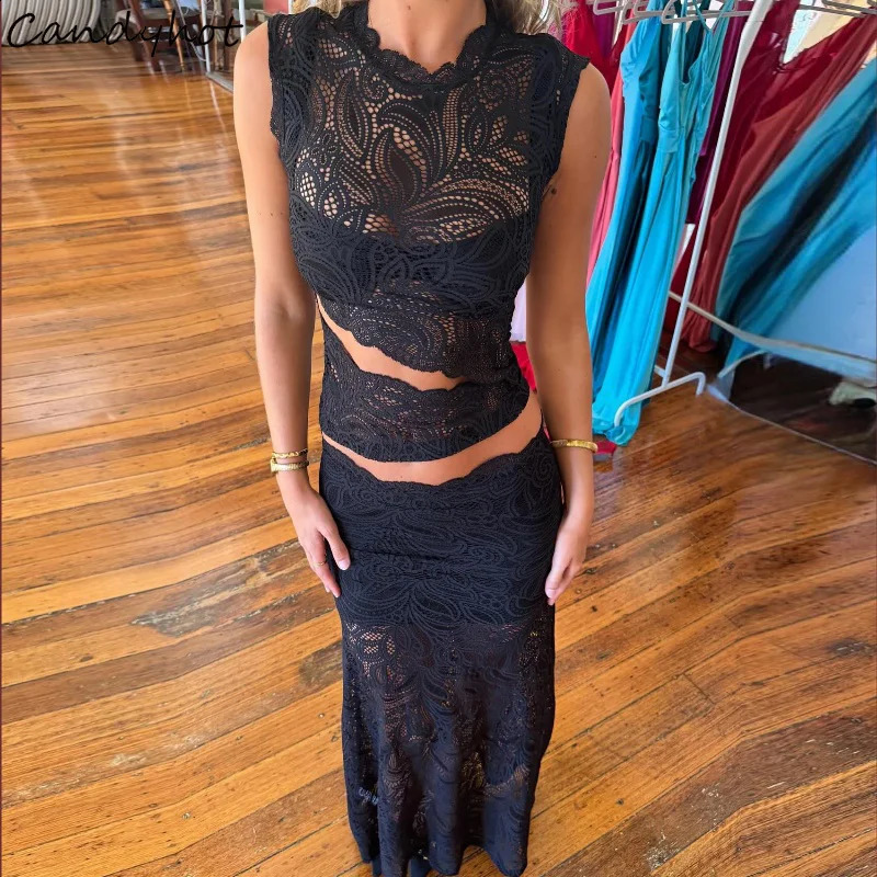 Candy See Through Lace Sexy Sleeveless Round Neck and Elegant Straight Long Skirt Summer Evening Vintage Women 2 Pieces Set 251013