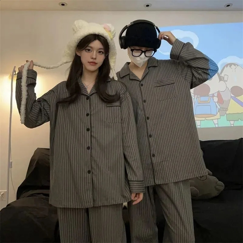 Couple Pajamas for Men Striped Sleepwear Korean Sleeping Night Wear Button Pijama 2 Pcs Pants Sets Autumn Pocket Home Suit 251021