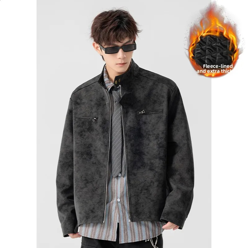 Winter Autumn CottonPadded Casual Leather Jacket Original TieDye Front PU Pilot Coat for Men 251023