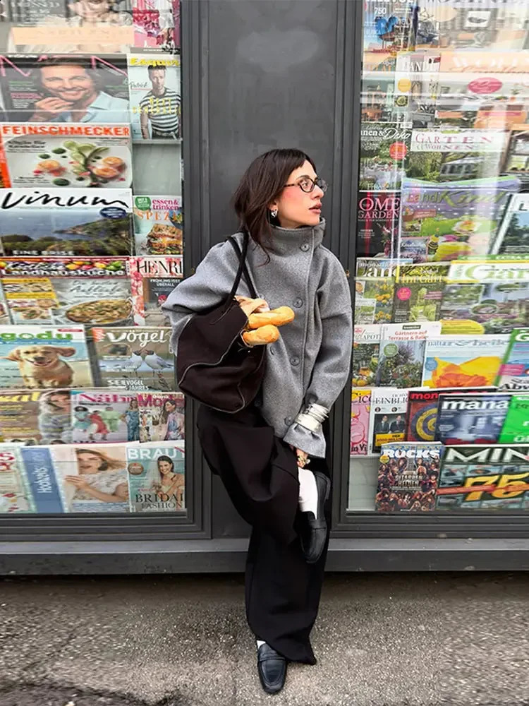 Casual Solid Turtleneck Pocket Coat Women Loose DoubleBreasted Full Sleeve Outwear 2025 Autumn Winter Office Lady Jackets 251018