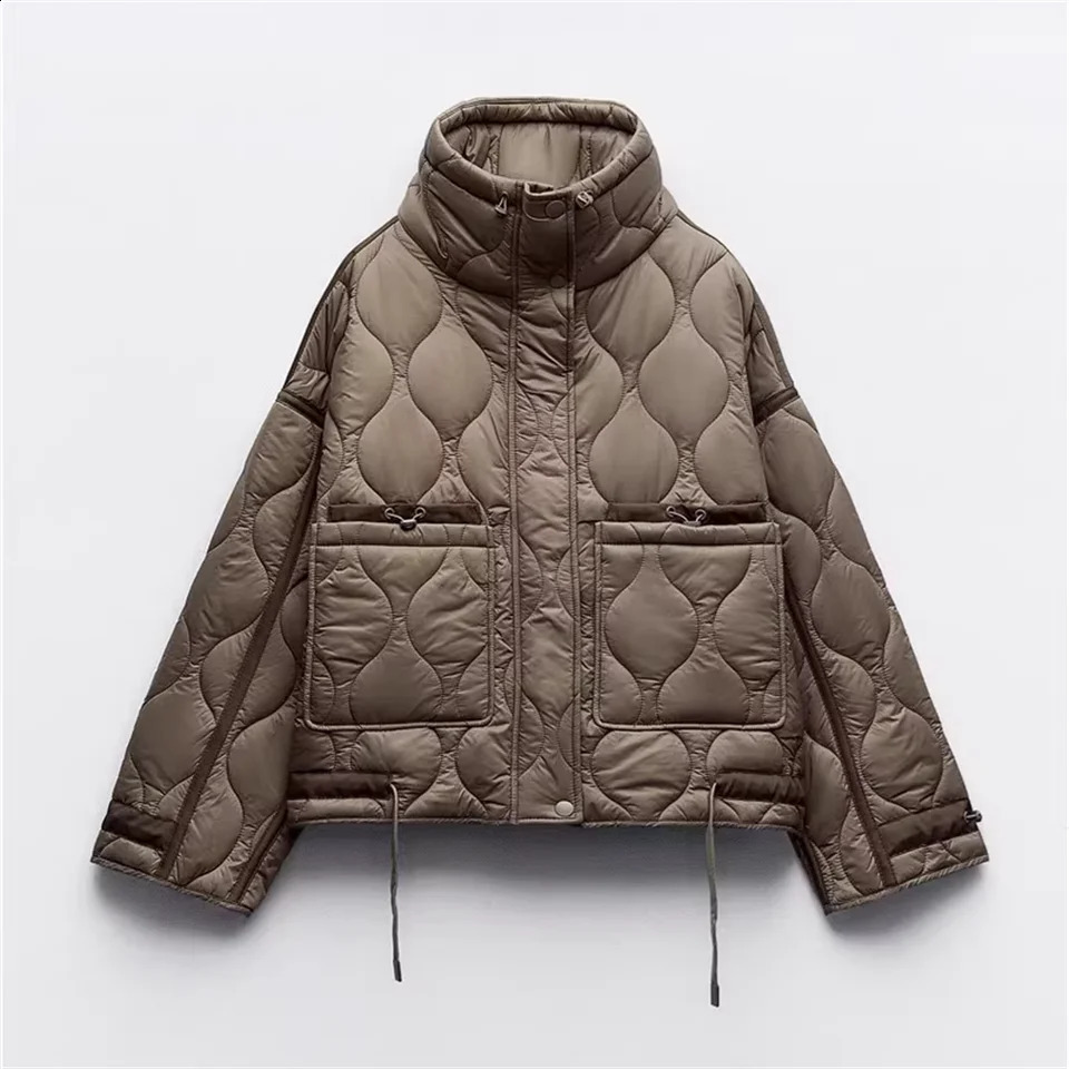 PBZA Winter Womens Clothing Style Simple Loose Warm Windproof Stand up Collar Lightweight Cotton Jacket 251021