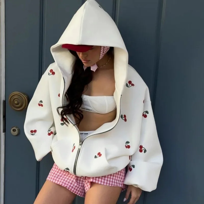 Harajuku Y2K stylish Gothic hiphop fruit heart pattern zipper women hoodie retro rock simple high street casual 251022
