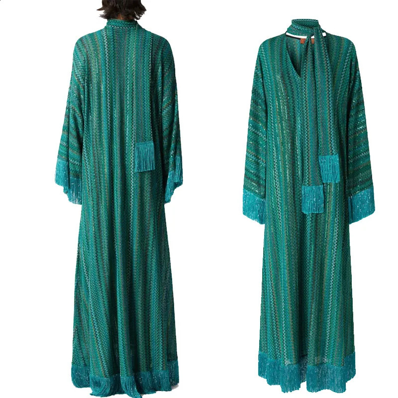 Elegant Tassel Hem Long Dress Women Loose Vneck Full Sleeve Scarf Dresses Autumn Party Evening Luxurious Lady Robe 251022