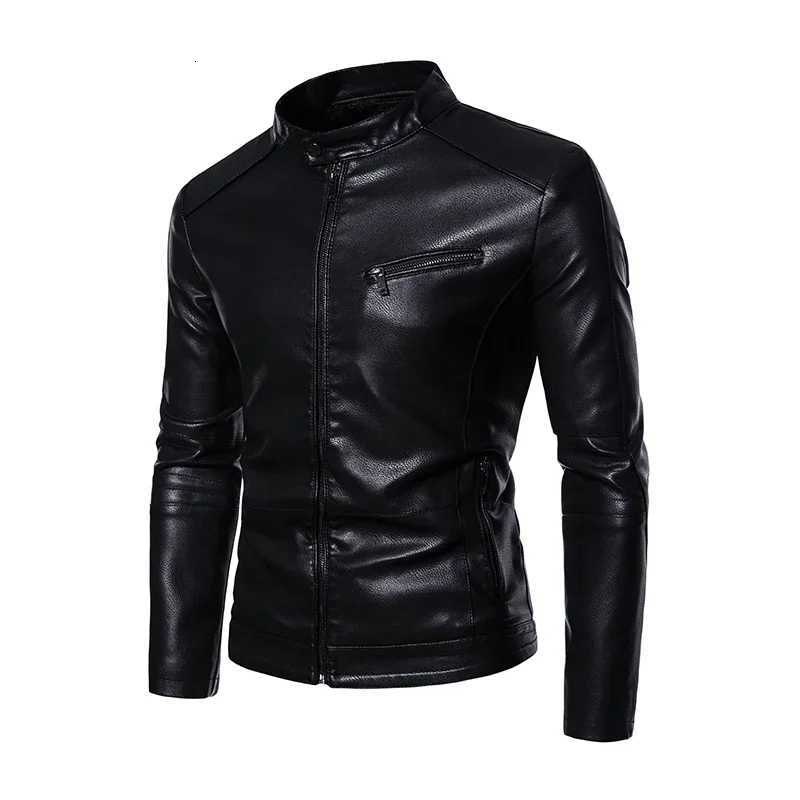2025 PU Casual Leather Jacket Men Fleece Motorcycle Biker Slim Fit Outerwear Men Solid Stand Collar Leather Jackets W251023