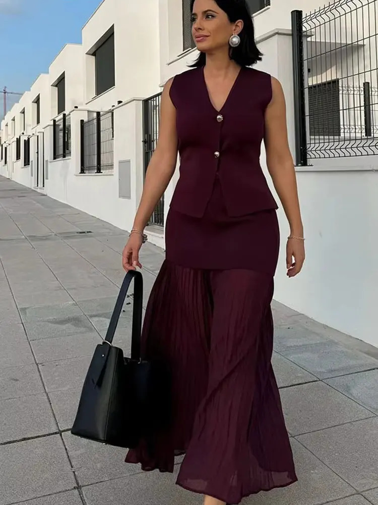 HH Women 2 Piece Set VNeck Sleeveless Button Knitted Vest TopElegant Splicing High Waist Zipper Long Skirts Holiday Suits 251020