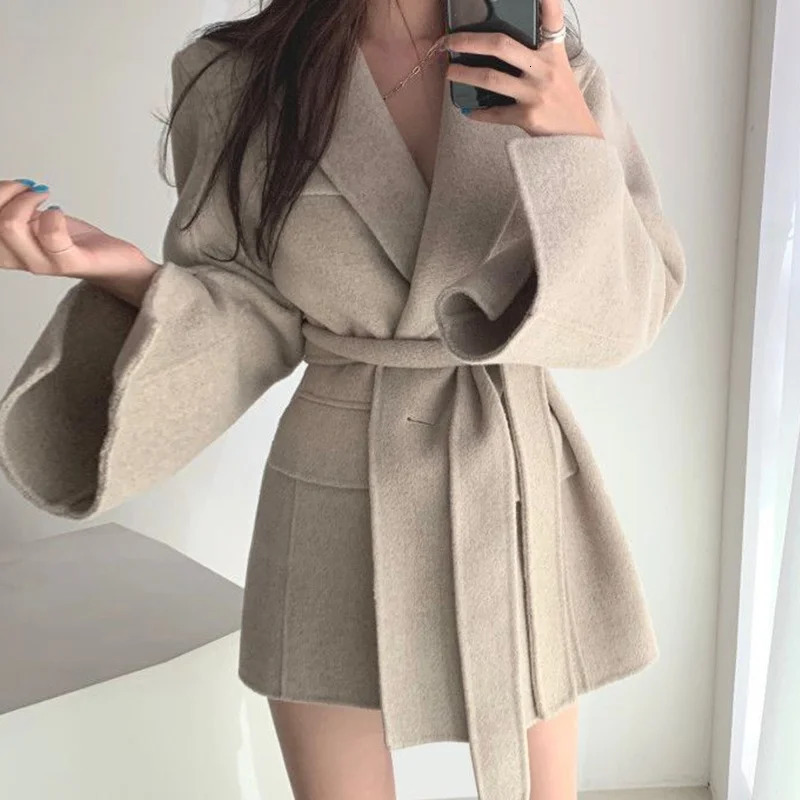 Retro Chic Autumn Winter Woolen Coat One Button Long Sve Suit Collar Waist Cinched Side Slit Warm Knitwear for Women 251020