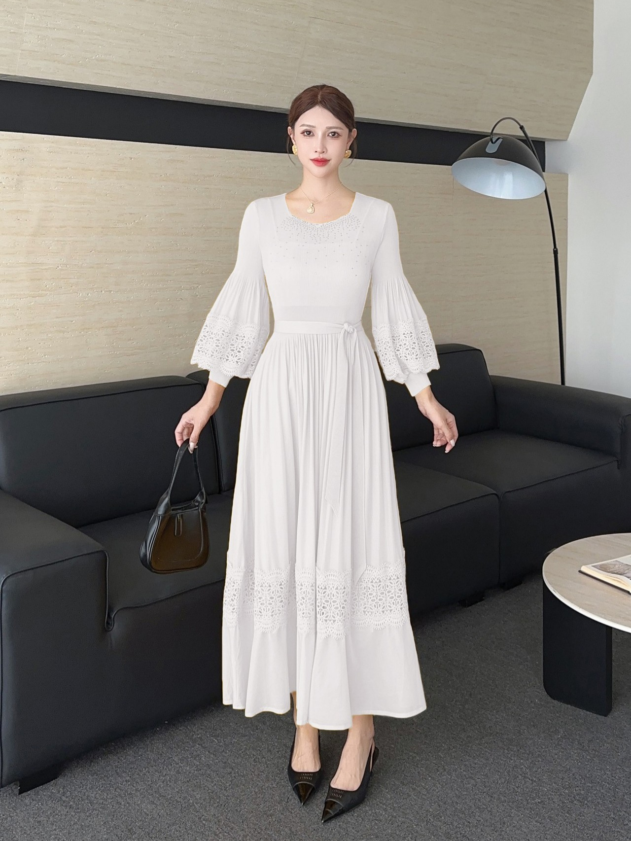 B8414 Dress Comfortable Round Neck Lantern Sleeve Hollow Breathable Women's Casual Large Size