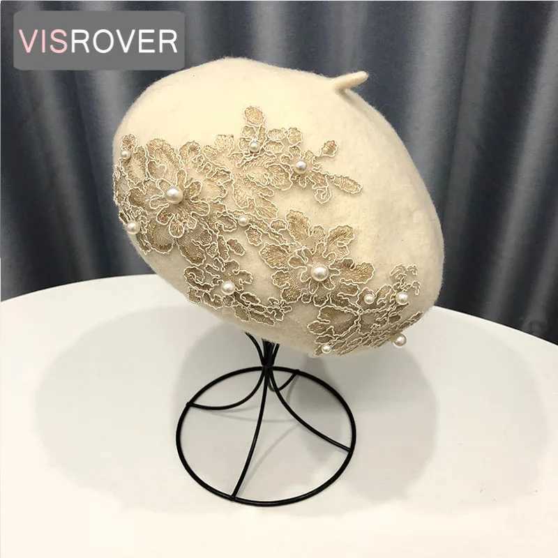 VISROVER winter wool beret with lace and pearls fa wool winter autumn spring hat solid color top quality Wen BoinaW251023