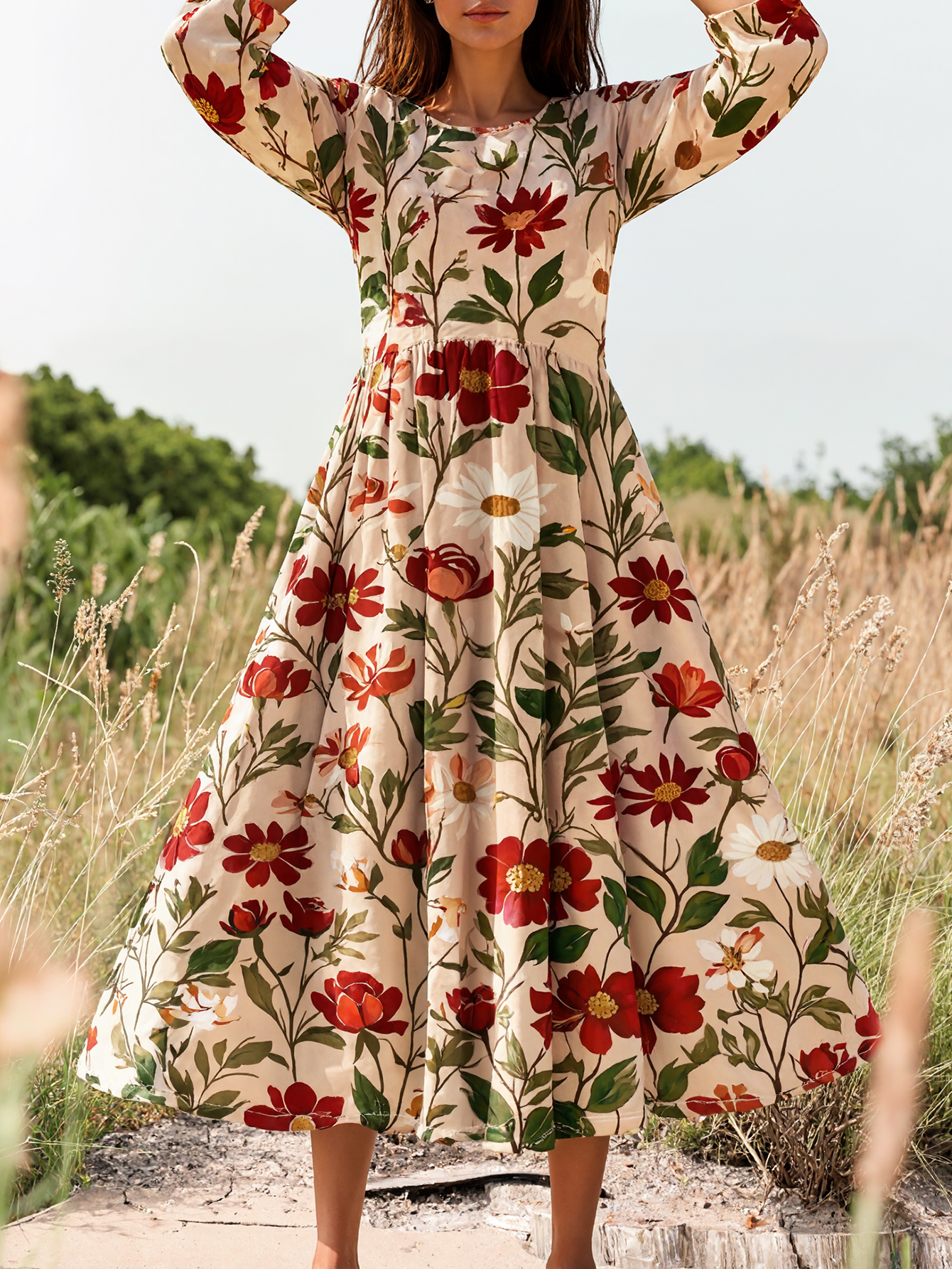 Autumn New Women's Floral Printed Elegant Half-Sleeve Midi Dress, Milk Silk Fashion Mom Dress, S-XXL Floral--CF50928