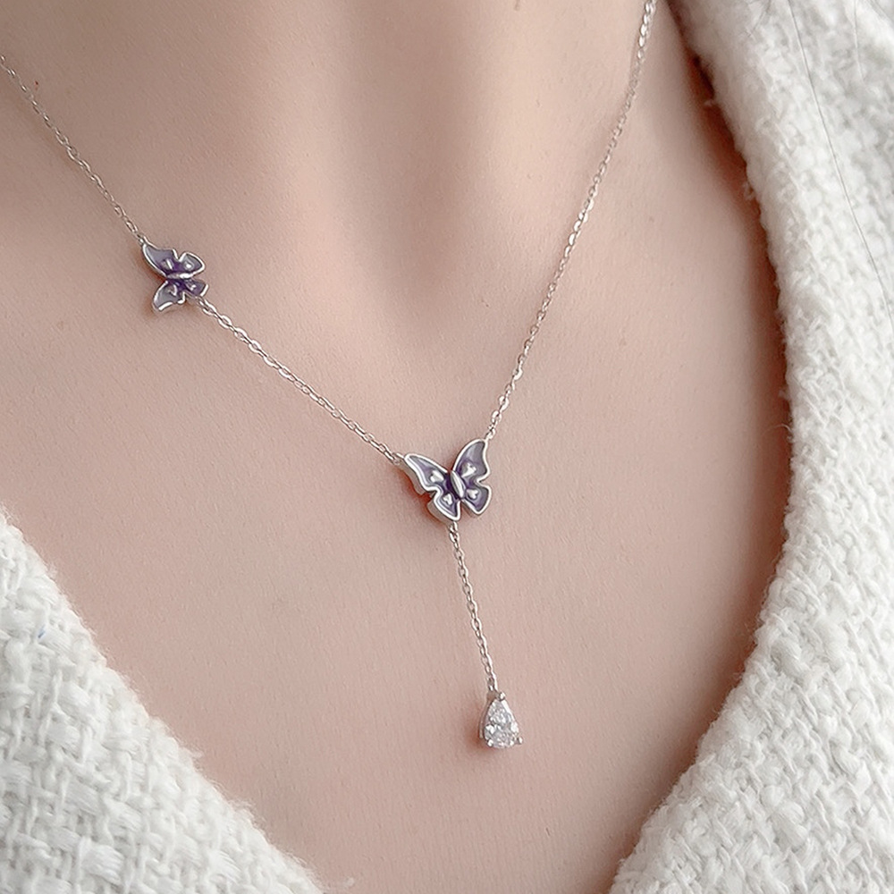 TaiYang New S925 Sterling Silver Fluorescent Butterfly Necklace, Blue-Purple Glow Fringe Pendant with Ethereal Fairy Core Aesthetic