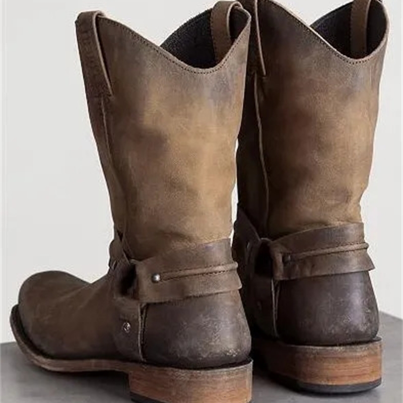 Retro Cowboy Boots Women Men Mid Calf Outdoor Boots Vintage PU Slip on Shoes Winter Gladiator Booties Unisex Brown Long Boots 251023ww