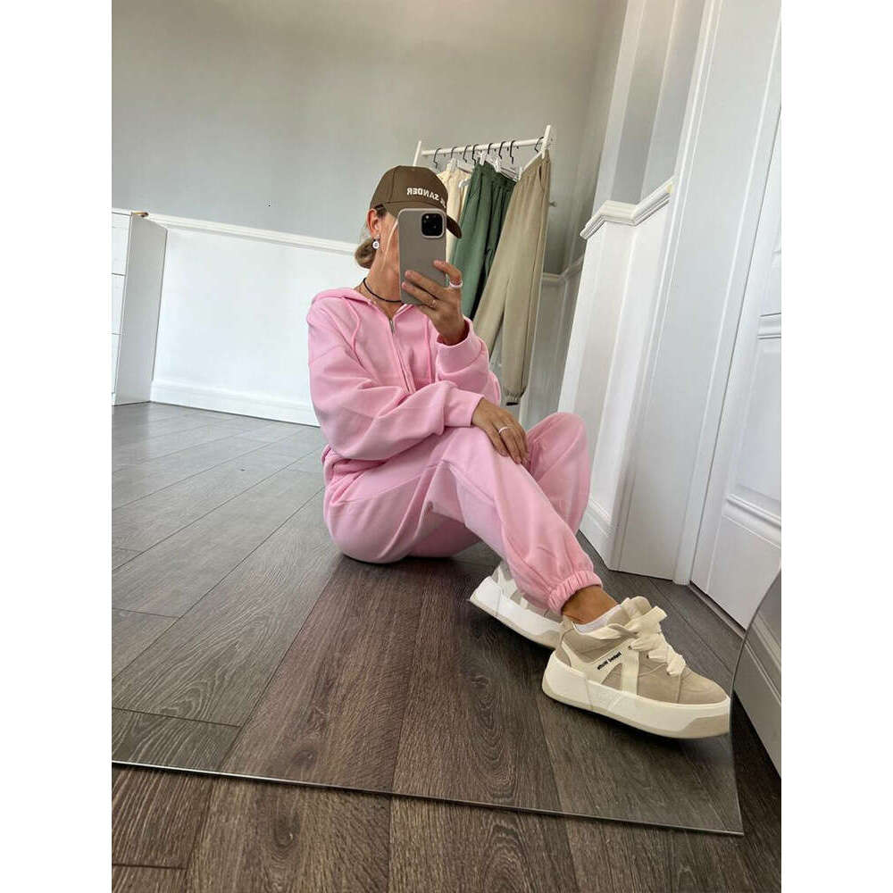 Casual Women's Solid Color Long Sleeve Zipper Hoodie Elastic Waistband Pants Two-Piece Set