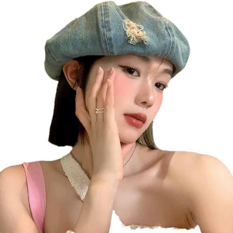 Trendy Blue Denim Beret Hat Slouchy French Style Cap for Women Chic Denim Beret Headwear Casual Accessories Spring Autumn 251023