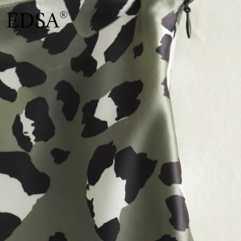 EDSA Women Green Leopard Print Satin Midi Skirt High Waist Straight Mermaid Skirts Female Casual Slim 251017