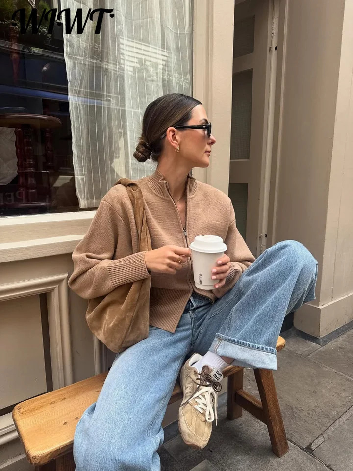Knitted Zippers Stand Collar Sweaters Womens Street Khaki Long Sleeve Cardigan Tops 2025 Autumn Female Solid Top Knitwear 251013