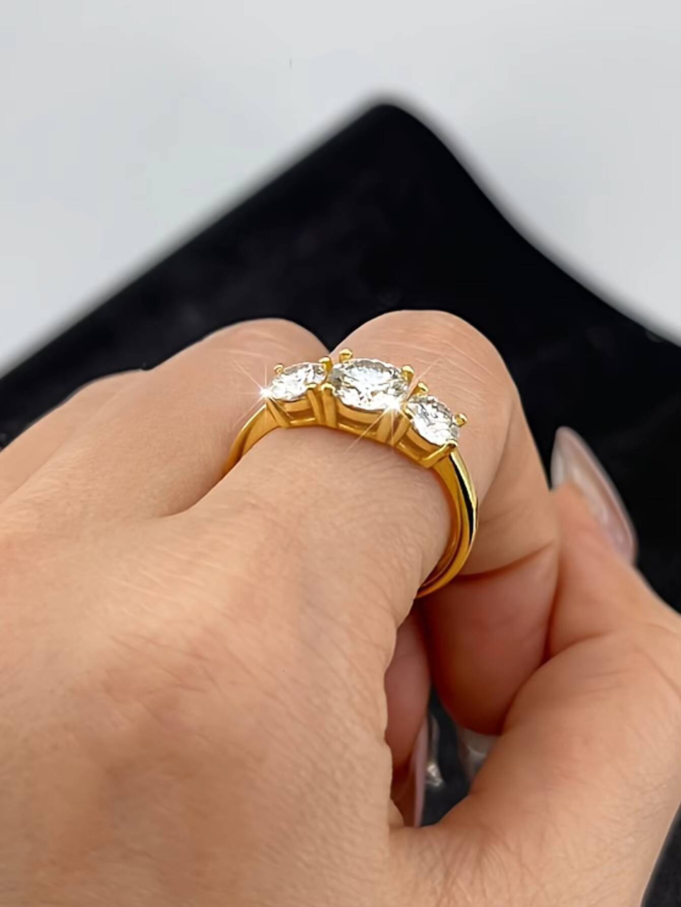 18K Gold Plated Clear Moissanite Ring Waterproof Round Three Cubic Wide Band Ring Trendy Style for Gifts