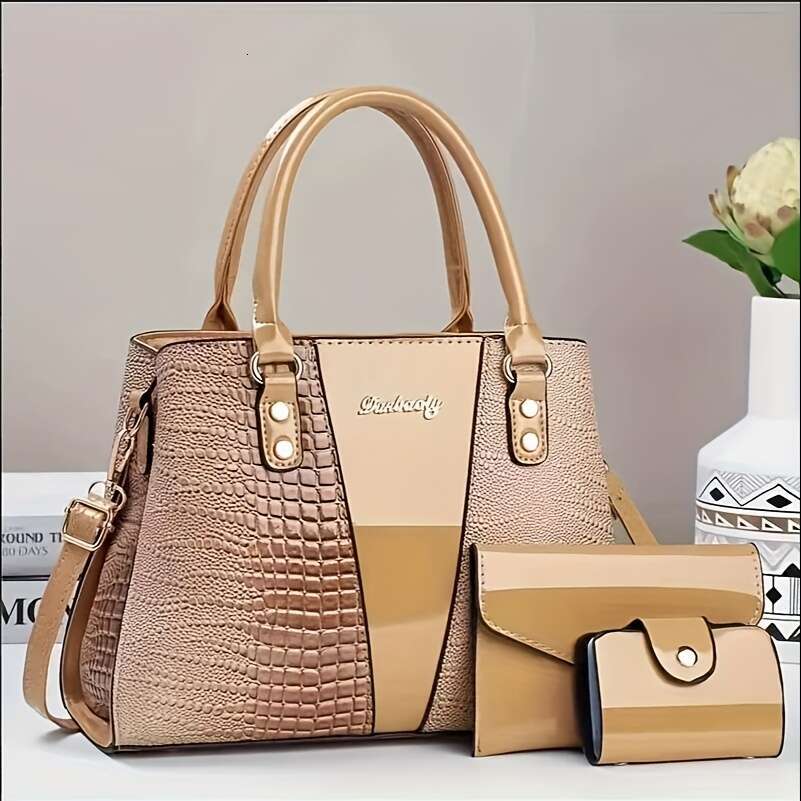 Genuine Handbag Parent Bag Genuine Leather Crocodile Pattern New Fashion Large Capacity Women's Handbag, Stylish Three-Piece Set, Mother-Daughter