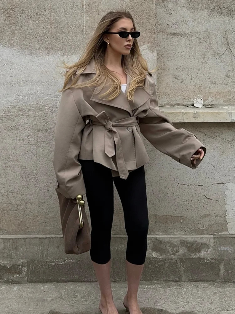 Womens Wide Shoulder Windbreaker Coat Autumn Laceup Lapel Long Sleeve Jackets Fashion Daily Commute Office Lady Outerwear 251021