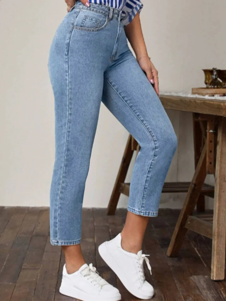 Pocket Micro Elastic Pants High Waist Solid Color Womens Straight Leg Pants Fashion High Street Daily Versatile Spring Jeans 251023