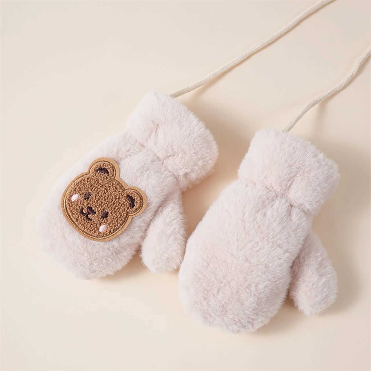 Winter Kids Plush Gloves With Hanging Neck Rope Cute Bear Mittens Soft Faux Fur Fingerless Glove 25Year Children Hand Warmer Y251024