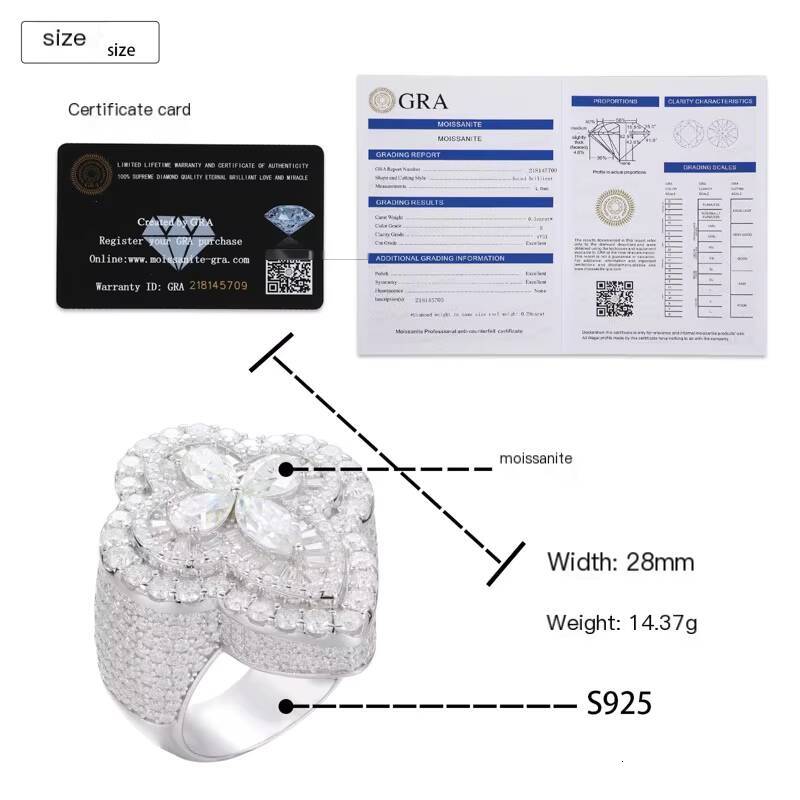 Luxurious Mens Hip Hop Jewelry 925 Sterling Silver Ring with High Quality Lab Grown Moissanite and 18k Gold Plating