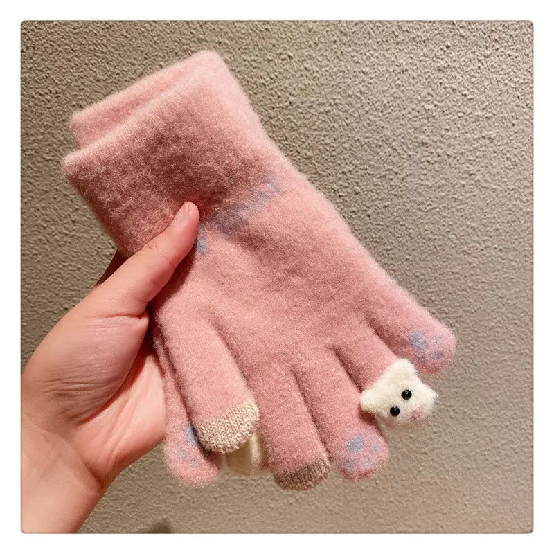Winter Warm Plush Gloves Japanese Girl Knitted Five Finger Gloves Women Winter Glove Women Thick Mittens For Cycling 1 Pair 251023