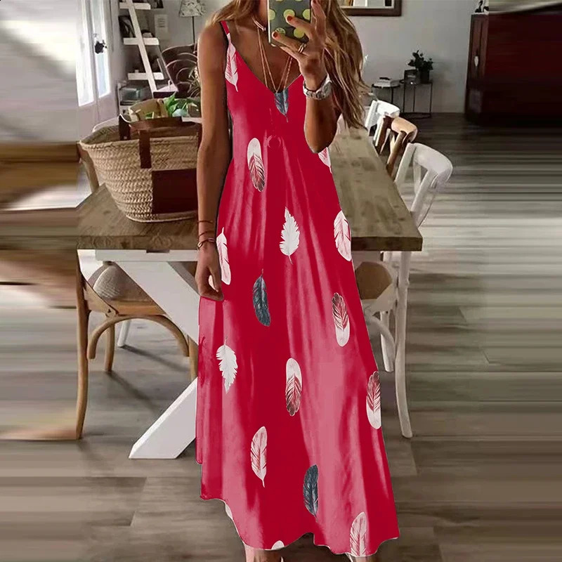 8Colour AllSeason Chic Feather Print Maxi Dress Casual VNeck Comfort Stretch Easy Care 251020