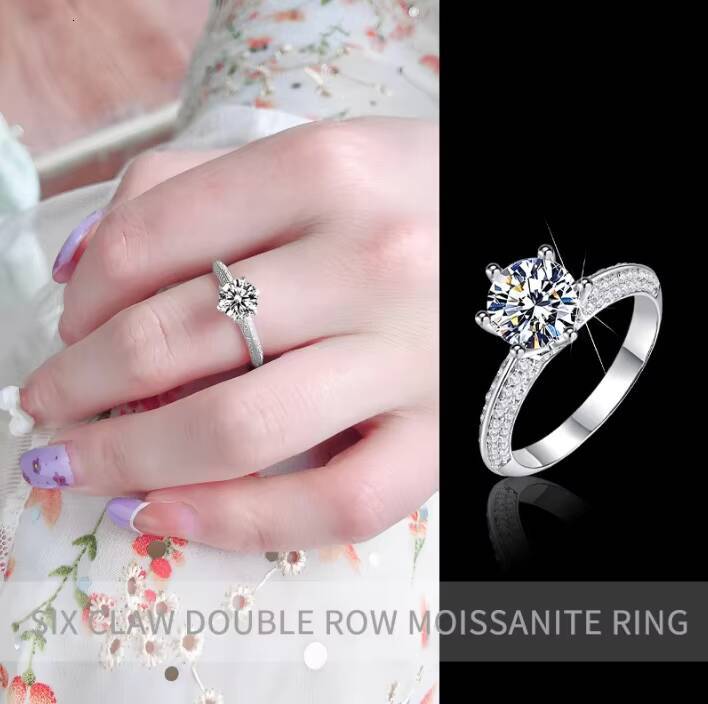 Wholesale Silver Plated Six Claw Moissanite Zircon Ring Romantic Style Wedding Party Anniversary Jewelry