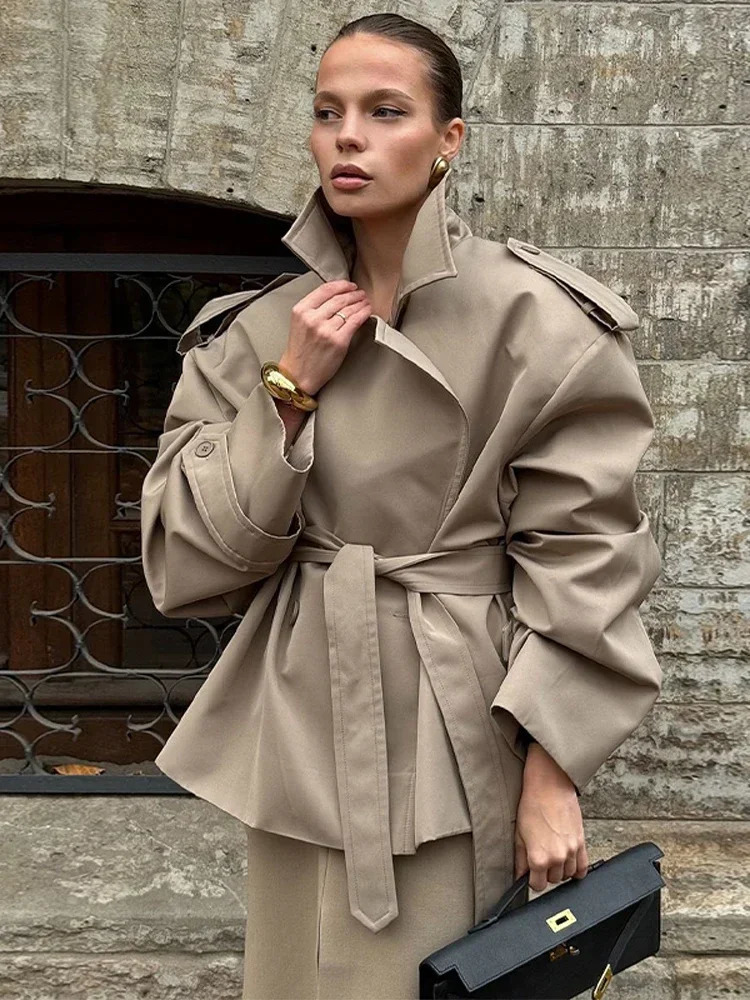 Fashion Lace Up Lapel Collar Windbreaker Women Shoulder Pat Long Sleeves Wide Coats Autumn Commute Daily Jacket 251021