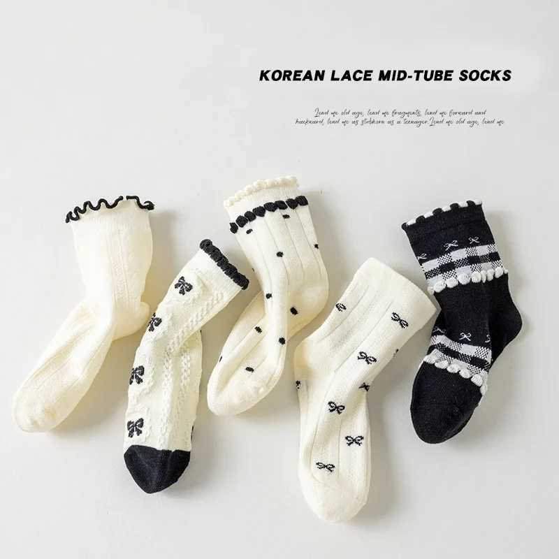 Trendy Cotton Solid Children Girls Lace Socks 5 Pairs Bow Ties Soft Breathable Striped Nonslip Half Princess Socks for Girls J251024